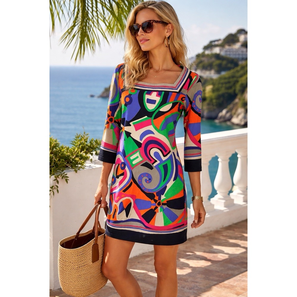 Barbara Gerwit Dress M‎ Pucci Inspired Mod Print 3/4 Sleeve Stretch Cotton Retro